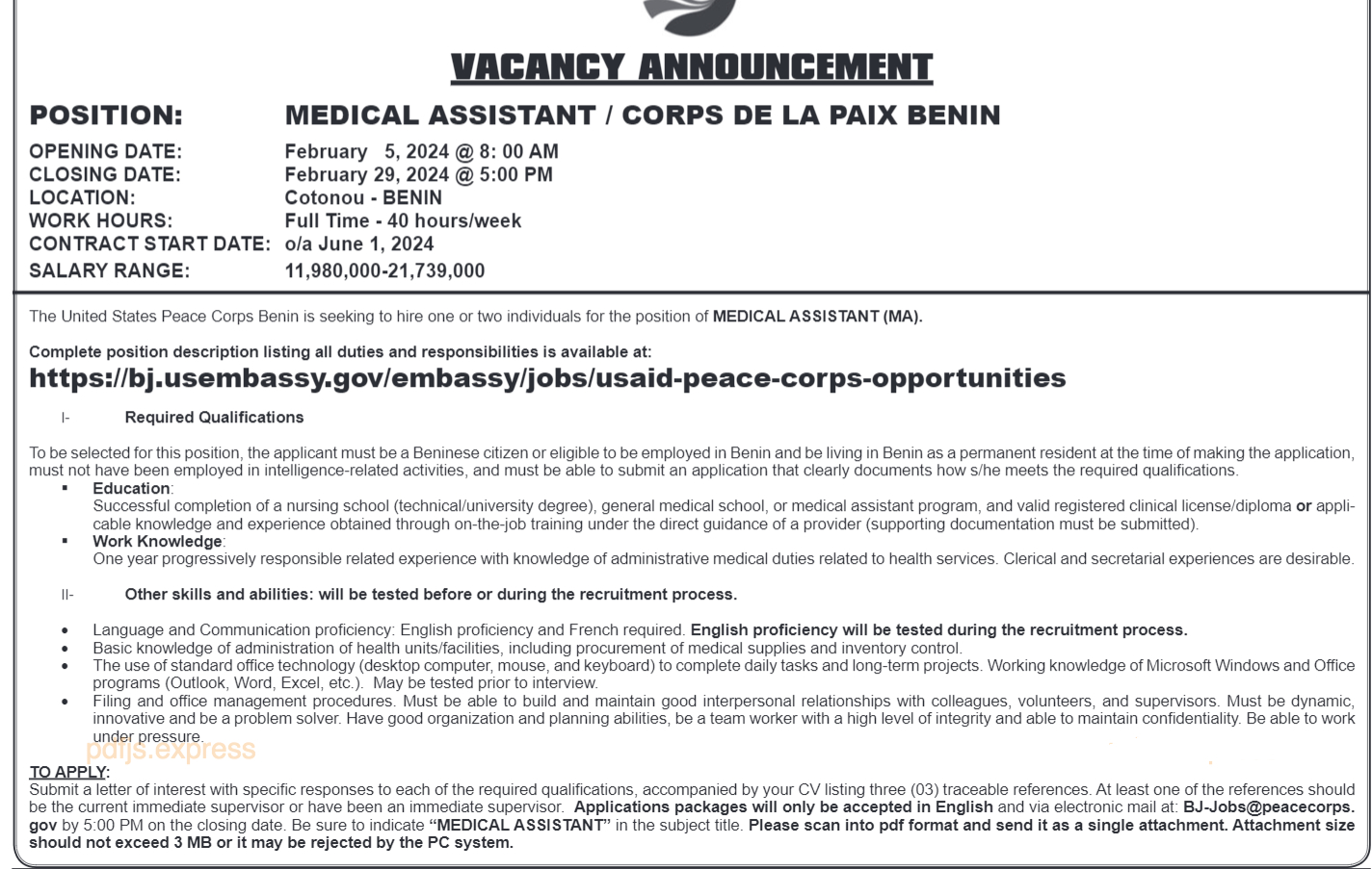 Recrutement de 01 Medical Assistant / Corps de la Paix